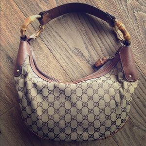GUCCI Auhentic monogram bamboo hobo leather bag